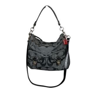 COACH Poppy Signature lurex Pocket Hobo Bag Black Gray Patent Leather 2 way